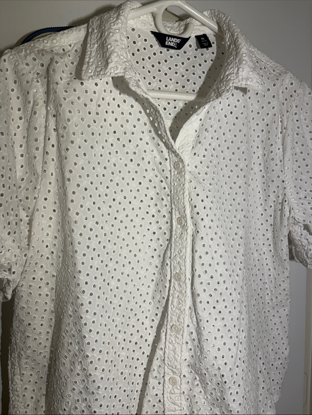 Lands' End White Eyelet Short-Sleeve Button-Down Shirt -